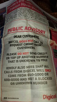 Digicel Guyana has published this advertisement to customers