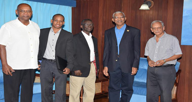 From L-R- Alfred Granger from Guyenterprise Advertising; Accountant at Innogen, Ramon Patrick; Chief Executive Officer, Innogen, Vancourt Rouse; President David Granger; Vic Insanally, Public Relations Consultant and Managing Director of Guyenterprise after the meeting at the Ministry of the Presidency 