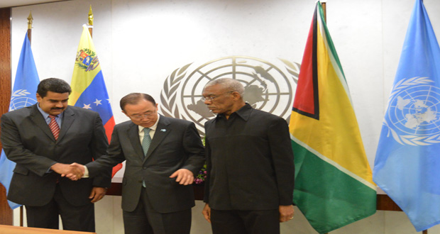 The moment when Mr Ban reached out to join hands with Presidents Granger and Maduro.