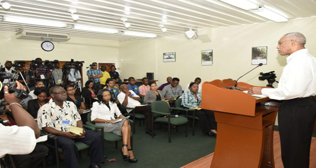 ‘MEET THE PRESS’: His Excellency President David Granger addressing the local media corps at the Ministry of the Presidency, yesterday