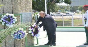 United States Ambassador Perry Holloway laid a wreath at the Independence Arch on Brickdam, yesterday  
