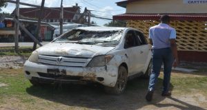 The car in which the bandits fled after the brazen robbery at the Mahaica supermarket. 