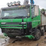 The sand truck which was involved in the tragic smash-up with a car at Coverden, East Bank Demerara  