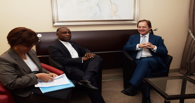 Guyana’s Foreign Minister Carl Greenidge in discussions with the Rt Hon Hugo Swire,The UK's Minister of State at the Foreign & Commonwealth Office,at the Commonwealth Heads of Government Meeting in Malta. Also in photo is Director-General of the Ministry of Foreign Affairs in Guyana, Ambassador Audrey Waddell