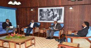 From right, are Minister of State Joseph Harmon, President Brigadier David Granger, Opposition Leader Bharrat Jagdeo and Attorney General and Minister of Legal Affairs Basil Williams in consultation yesterday