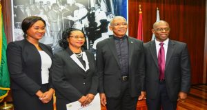From left to right: Dr Yana Marissa Edwards, Justice Yonette Cummings-Edwards, President David Granger and Dr Maurice Edwards following the simple swearing-in ceremony at the Ministry of the Presidency on Wednesday 