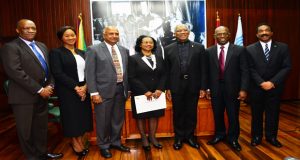 From left to right: Minister of State Joseph Harmon, Dr Yana Marissa Edwards, Justice Carl Singh, Justice Yonette Cummings-Edwards, President David Granger, Dr Maurice Edwards and Attorney General and Minister of Legal Affairs Basil Williams after the swearing-in ceremony on Wednesday