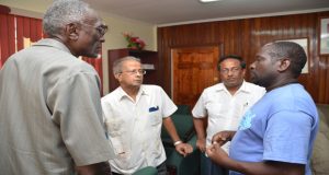 Daniel Stephen, speaking with Ministry of Social Protection’s Consultant Francis Carryl; President of GAWU, Komal Chand; and General Secretary Seepaul Narine yesterday at the Ministry of Social Protection