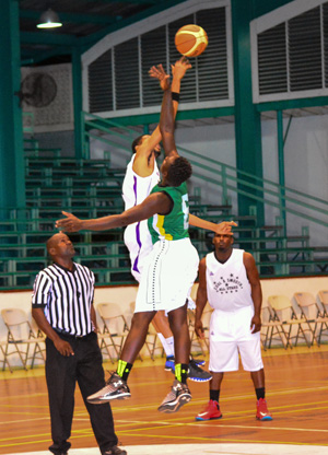 Guyana’s Shane Webster loses the jump-ball (Samuel Maughn photos)