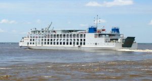 The MV Kanawan stuck in the mud near Hogg Island on Sunday afternoon