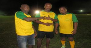 Goalscorers for Kwakwani Strikers from left - Shane Adams, Ray Leacock and Dale Sauers