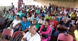A section of the crowd at the meeting at Port Kaituma Community Centre with Ministers Allicock and Ferguson  