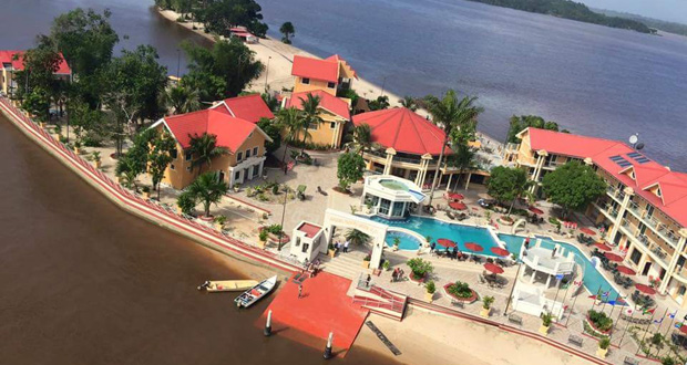 An overhead view of the Aruwai White H2O Resort in the Mazaruni River, Essequibo