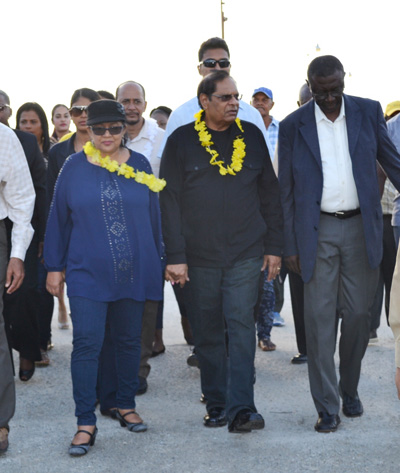 Prime Minister Moses Nagamootoo and his wife Sita soon after their arrival by ferry