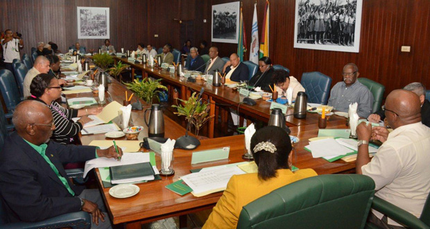 The Cabinet was engaged in finalising the 2016 budget, yesterday. [Ministry of the Presidency photo)