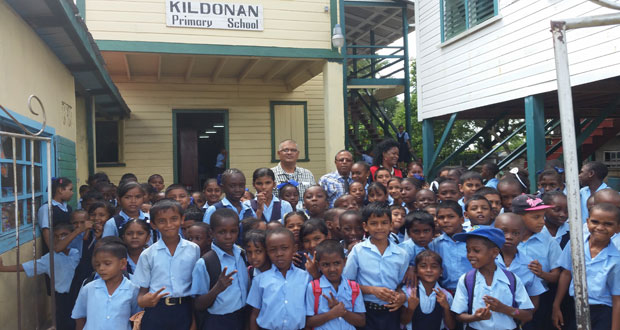Region Six REO, Dr Veerasammy Ramayya, and Special Assistant to the Office of the Prime Minister, Gobin Harbhajan, at the Kildonan Primary School recently