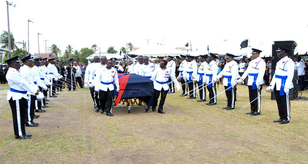 Six Assistant Commissioners escorted the flag-draped casket of the late Assistant Commissioner of Police Balram Persaud [Samuel Maughn photo)