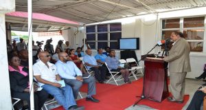 Prime Minister Moses Nagamootoo addressing the audience at the commissioning of the Satellite Earth Station Multimedia Teleport at the National Communications Network [NCN) 