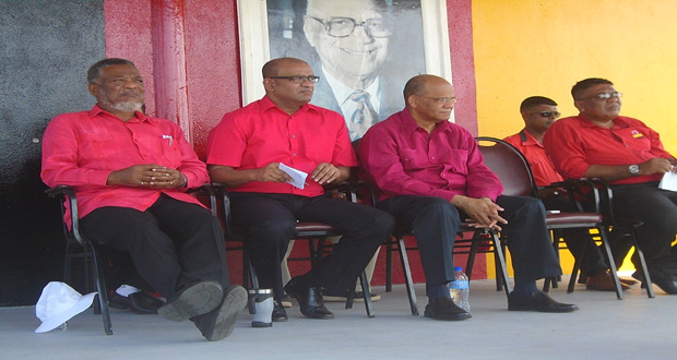 L-R: Former Prime Minister Samuel Hinds, Opposition Leader Bharrat Jagdeo, PPP General Secretary Clement Rohee, and PPP Parliamentarian Zulfikar Mustapha at Sunday’s memorial for Dr Jagan