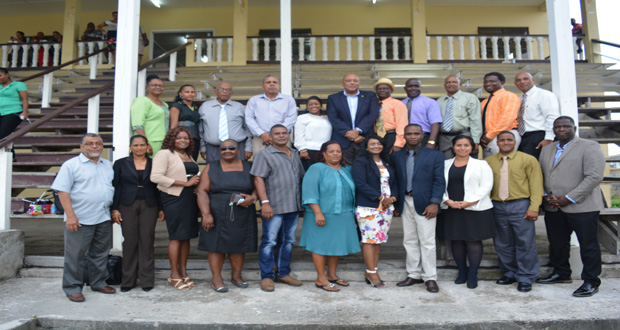 Natural Resources Minister Raphael Trotman stands among the first councillors of the Bartica municipality. Region Seven Chairman Gordon Bradford and Frederick Mc Wilfred [Political Division) are also in photo