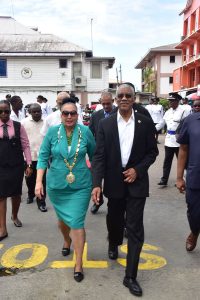 President Granger is being escorted into City Hall compound by Mayor Patricia Chase-Green on Monday afternoon 