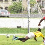 One of the 15 goals scored during Sir Leon’s slaughter of Lodge Secondary in yesterday’s South Zone final of the Digicel National Schools Football Championship at the GDF ground. (Adrian Narine photos) 
