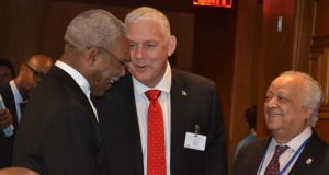 President David Granger shares a light moment with St Lucia’s Prime Minister Allen Chastanet and Sir Shridath Ramphal on Friday at UN Headquarters in New York.