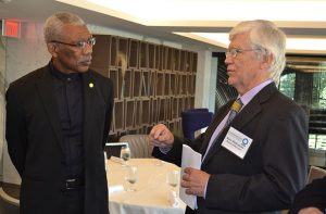 President David Granger in discussion with Mr. Russell Mittermeier, the Executive Vice Chairman of Conservation International, shortly after his arrival at the Watergate Complex in Washington DC, where he was invited to participate in the organisation's Annual Board Meeting.
