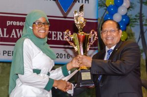 Fatima Karim of St. Rose’s high, who gained 19 grade ones and one grade two, also received the Presidential Scholarship Award for CSEC from Prime Minister Moses Nagamootoo at the National Cultural Centre yesterday