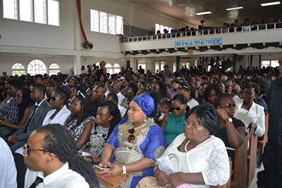 The packed Calvary Temple Assembly of God Church during the funeral service