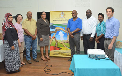 From left, Ministry of Social Cohesion, Technical Officer, Mrs. Natasha Singh-Lewis, Resident Representative of the UNDP to Guyana, Ms. Mikiko Tanaka, Mayor of Corriverton, Mr. Ganesh Gangadin, Regional Executive Officer, Ms. Kim Stephens, Lead Consultant for the Social Cohesion National Strategic Plan, Dr Thomas Gittens, Regional Health Officer, Mr. Jevon Stephens and representatives from the UNDP at the Social Cohesion Consultation in Corriverton