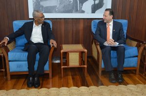 President David Granger in conversation with the Islamic Development Bank's Director of Country Programmes Department and Special Advisor to the Vice-President, Mr. Mohammad Alsaati