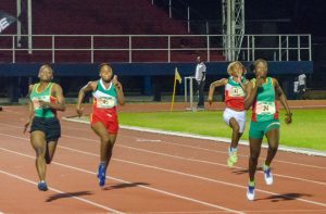 Guyana’s Kenisha Phillips takes the IGG girls’ 100m in stunning style at the Leonora National Track Field Centre (Delano Williams photos)