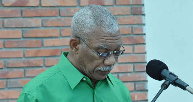 PNCR Leader and President of Guyana David Granger addresses members and supporters on Wednesday during the party’s 59th anniversary celebration at Congress Place, Sophia