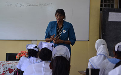 Midwifery Tutor Pauline Parris trains some 25 midwives every year. In photo, she is conducting one of her many sessions