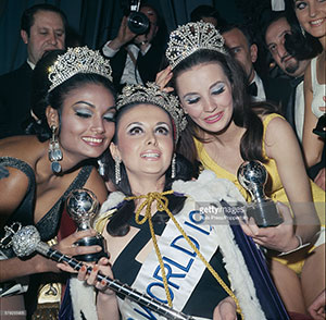 Guyana’s first Miss World fame! Miss Guyana 1967, Shakira Baksh (2nd runner-up); Peru’s Madeleine Hartog-Bel (Winner); Argentina’s Maria del Carmen Sabaliuskas (1st runner-up)