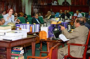 The 2017 Budget Debates continue for a fourth day today. In photo, Prime Minister Moses Nagamootoo gestures during the presentation by Opposition Chief Whip Gail Teixeira Wednesday evening. (Samuel Maughn photo)