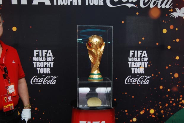 The real deal!  The FIFA World Cup Trophy sits proudly on its pedestal, after being unveiled by Minister of Sport Dr. Frank Anthony in the Arrival Lounge of the Cheddi Jagan International Airport yesterday morning.