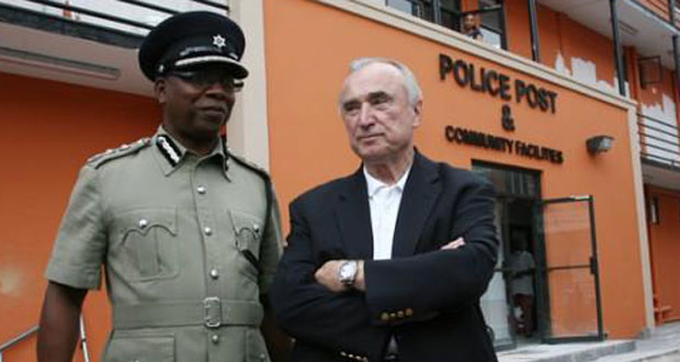 Former New York Chief of Police, Mr. William Bratton (right) and Trinidad and Tobago’s Acting Commissioner of Police, Mr. Stephen Williams during a tour last week of the newly-commissioned Duncan Street Police Outpost in downtown Port-of-Spain (Photo courtesy of Trinidad & Tobago Newsday)