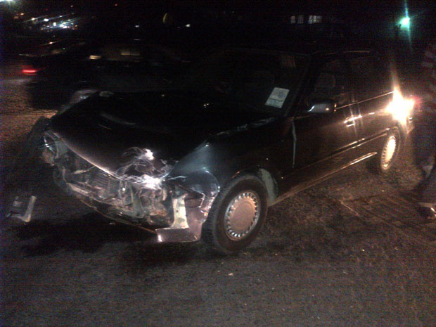 The damaged front of the motorcar which was heading along Middleton Street when the other jumped the major road