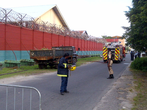 A fire fighter and a TSU rank can be seen at the eastern end of the prison yesterday morning