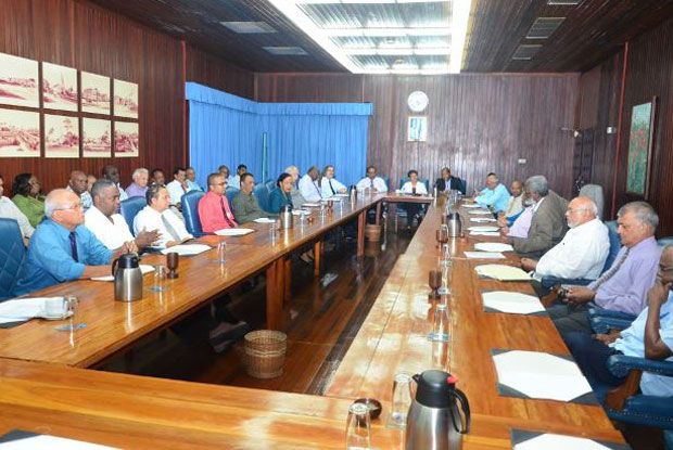 President Donald Ramotar and other Government Officials in meeting with representatives of the Private Sector Commission, bankers and trade unionists