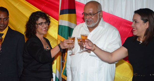 Suriname’s Ambassador Nisha Kurban, President Donald Ramotar and Foreign Affairs Minister Carolyn Rodrigues-Birkett toast to Suriname’s 38th Independence anniversary