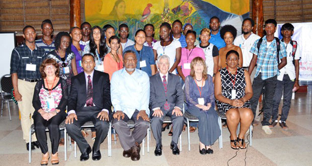 Prime Minister Samuel Hinds, Minister of Culture Youth and Sport, Dr. Frank Anthony and Israeli Ambassador to Guyana, Amiram Magid along with the facilitators and participants at the opening ceremony of a Business Lab in Culture Enterprises at the Umana Yana, Kingston