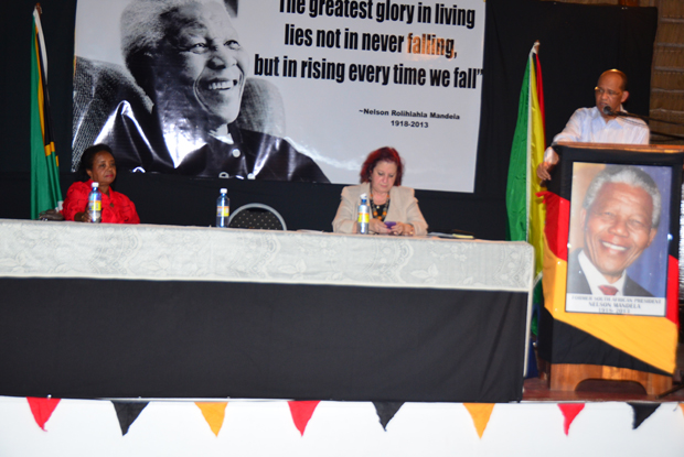 PPP General Secretary, Mr. Clement Rohee addressing the gathering, while Ms. Gail Texeira and Ms. Khadija Musa listen