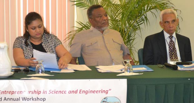 Minister of Education, Priya Manickchand, Prime Minister Samuel Hinds and Professsor Arnoldo Ventura, of Mico University, Jamaica at the Caribbean Science Foundation Workshop