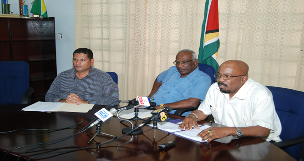 From left are: Permanent Secretary of the Ministry of Local Government and Regional Development, Mr Collin Croal; Local Government Minister Ganga Persaud, and Minister within the Local Government Ministry, Mr Norman Whittaker (Photo by Cullen Bess-Nelson)