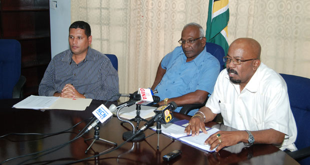 From left are Permanent Secretary in the Ministry of Local Government and Regional Development Collin Croal, Minister of Local Government Ganga Persaud and Minister in the Local Government Ministry Norman Whittaker (Cullen Bess-Nelson photo)
