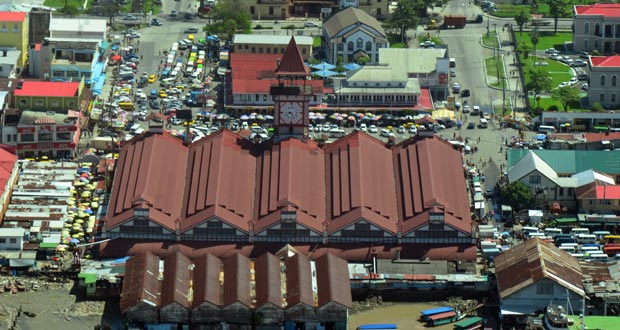 An aerial view of Georgetown showing the traffic congestion in the Stabroek area (Adrian Narine photo)