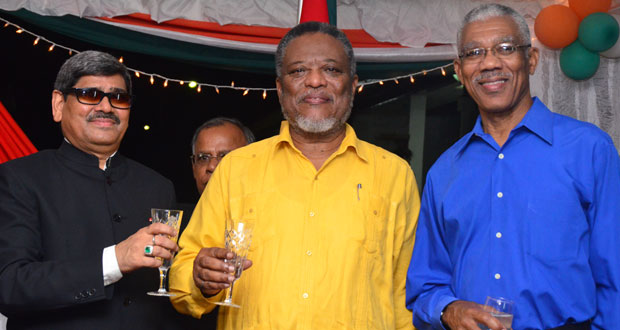 From left, Indian High Commissioner Puran Mal Meena, Acting President Samuel Hinds and Opposition Leader David Granger,  at the reception to mark India’s republic anniversary (Adrian Narine photo)